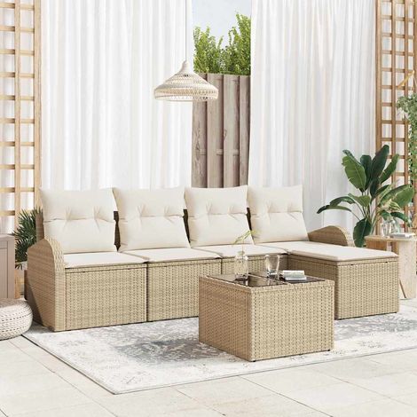 Sofa Set mit Kissen 6 pcs Beige und Weiß Poly-Rattan