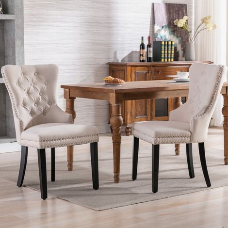 2er-Set Leinen-Esszimmerstühle mit Eichenbeinen, Knopf, Chromklopfer und Nagelbeschlägen – vielseitig nutzbar als Küchen-, Wohnzimmer- oder Loungesessel, beige,MIVRAY