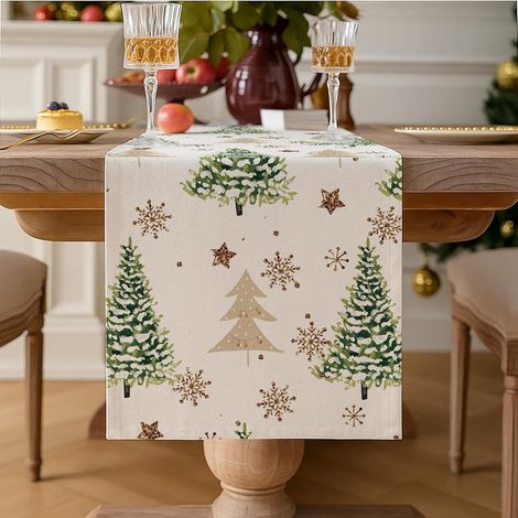 Chemin de Table Noel 33 x 183 cm Sapin de Noël Vert Flocons de Neige Beiges Deco Table Noel Decoration Étoile Table Noel Moderne Chemin de Table (1/5)