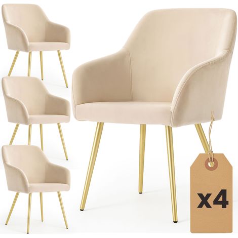 Lot de 4 Chaises en velours lisses ESTELLE Beige pieds dorés (1/5)