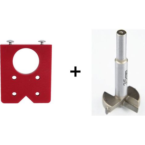 Gabarit de perçage pour charnières de 35 mm, outil de positionnement de trous de charnière rouge avec foret 35 mm, accessoire auxiliaire de perçage pour travail du bois (1/5)