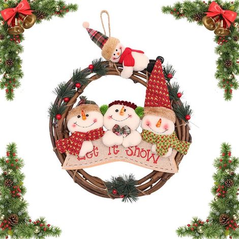 Couronne de Noël de 29 cm, décoration de porte en rotin tressé, porte d'entrée le salon ou la chambre d'enfant (bonhomme de neige). (1/5)