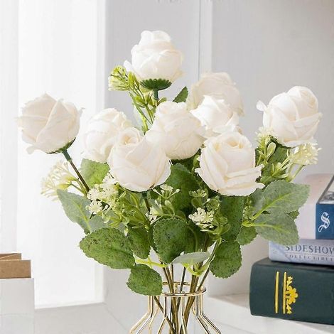 Bouquet de 9 roses artificielles en soie, idéal pour la mariée, les fêtes de mariage et la décoration intérieure. 1 rose vintage/bunga.blanc (1/5)