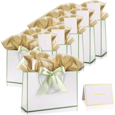 Sacs Cadeau Papier - 6 Pièces - Kraft Blanc Vert - Avec Anse Et Ruban - Pour Mariage Anniversaire Noël - 28x10x20cm (1/5)