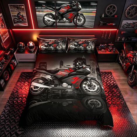 Parure de lit pour homme avec housse de couette en lin et motif moto pour enfants, garçons, adolescents, sports extrêmes, style urbain moderne, style motocross, taille simple (1/3)