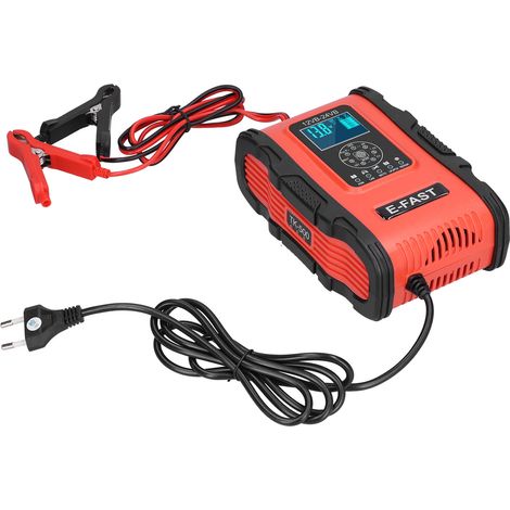 Chargeur de batterie intelligent 12V/12A 24V/6A, 7 étapes avec réparation par impulsions, voiture moto bateau, rouge noir, prise UE 100-240V (1/5)