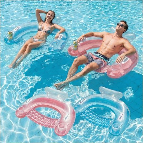 EcoFurnix Set di 2 Poltrone Gonfiabili per Piscina, 119 x 86 cm Gonfiabile per Adulti con Porta-Bicchieri e Maniglia, Modello Trasparente (1/5)