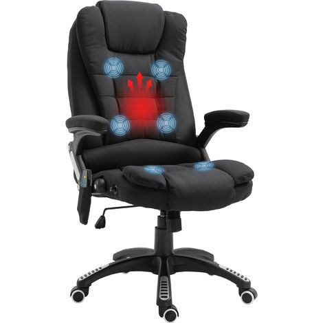 Bürostuhl mit Massagefunktion Ergonomischer Chefsessel mit Heizfunktion, Liegefunktion, Wippfunktion Höhenverstellbar 360° Drehbar Computerstuhl mit Seitentasche, Leinenoptik, Schwarz