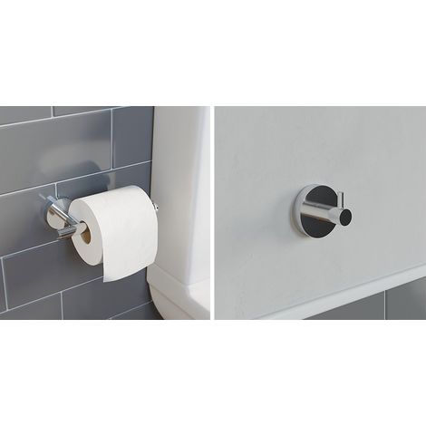 Bathroom Set Robe Hook Toilet Roll Holder Chrome Round Wall Mounted Stylish (1/5)