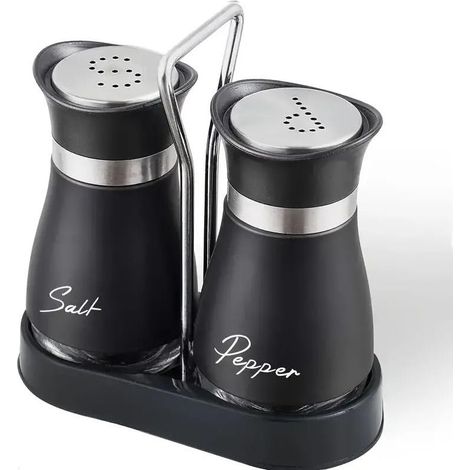 Ensemble salière et poivrière avec base verre et support stabilisateur, cuisine, table, camping, barbecues.