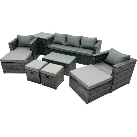 Fimous Outdoor Coffee Table Sofa Armchair Set with Side Table 2 Big Stools 2 Small Footstools Garden Furniture Set Dark Grey Mixed (1/5)