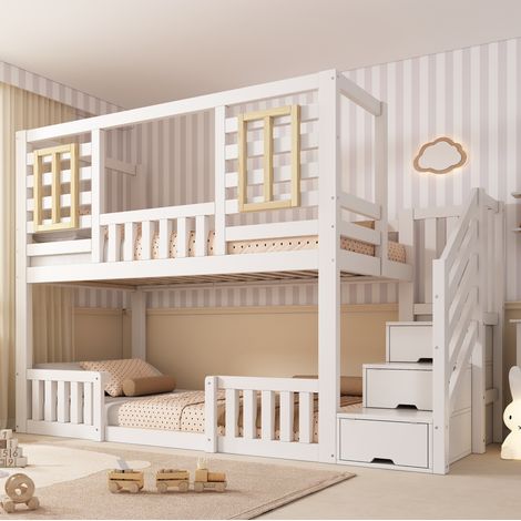 Letto a castello per bambini 90x200 cm, con scaletta contenitore, rete a doghe, legno bianco (1/5)