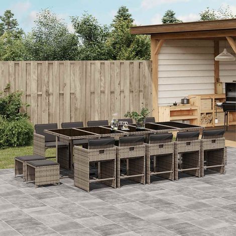 Ensemble à manger de jardin 15 pcs-Salon de jardin coussins gris résine tressée 647192 (1/5)