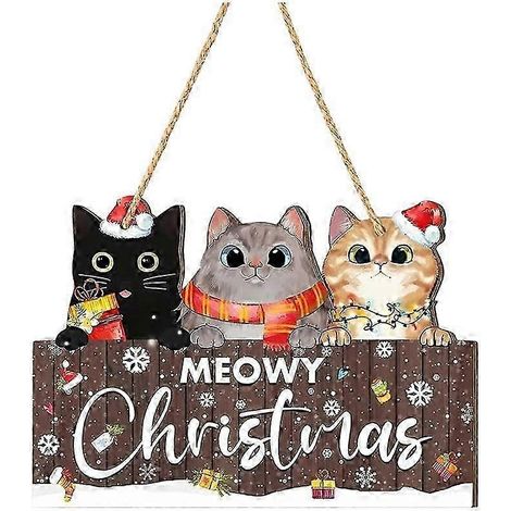 Ornement de Noël en bois représentant un chat festif, avec ruban, pour sapin et décoration murale. (1/5)