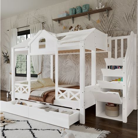 DESVIAE Lit superposé enfant avec toit fenêtres 2 tiroirs sur roulettes escalier de rangement 4 compartiments 90x200 140x200 blanc bois (1/5)