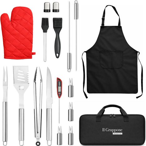 Set BBQ Professionale con Termometro Carne – Accessori Barbecue in Acciaio Inox 430 Alimentare con Pinza, Spatola, Forchettone, Coltello, Grembiule Kit 7 o 17 Pezzi Kit 17 Pezzi (1/5)