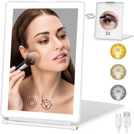Miroir de maquillage rechargeable grossissant 1X/3X pour voyage, 2 faces, éclairage 3 couleurs, écran tactile à intensité variable, miroir de maquillage portable pliable (1/5)