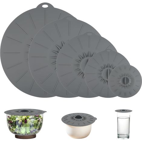 5 couvercles silicone réutilisables. Effet d'aspiration, étanches, résistants à la chaleur. Gris. Universels. (1/5)