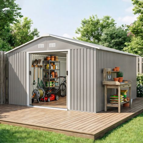 Cabane de jardin avec portes coulissantes et toit incliné, en acier, 340x386x200 cm, gris (1/5)