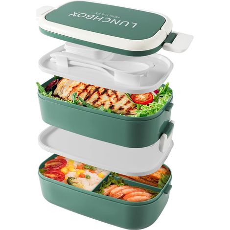 Boîte à lunch Bento empilable,Récipients de 1400ml avec 4 compartiments et couverts, boîtes étanches à 2 couches, pour adultes, enfants, bureau, micro-ondes, lavable au lave-vaisselle (Vert) (1/5)
