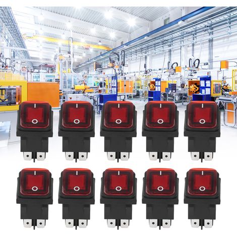 Packung mit 10 Zwei-Positionen-Kippschaltern, 30 A, 125/250 V Wechselstrom. Geeignet für Modifikationen an Kraftfahrzeugen, Schiffen, Messgeräten und Haushaltsgeräten. Rot. (1/5)