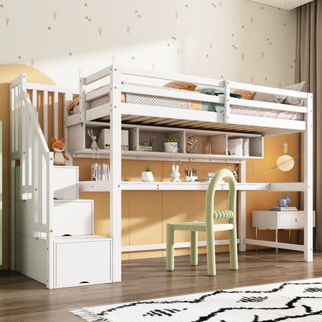 Letto a soppalco per bambini con scrivania e scala contenitore, legno massello + MDF, bianco, 90x200 cm (1/5)