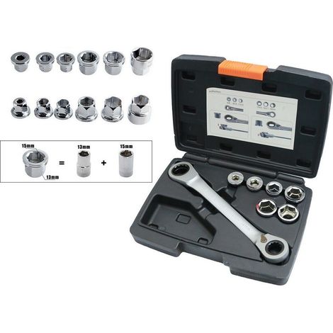 TrAdE Shop Traesio - Set 7 Chiave A Cricchetto Reversibile Esagonali 14-19mm 5 Innesti 6-19mm - (1/5)
