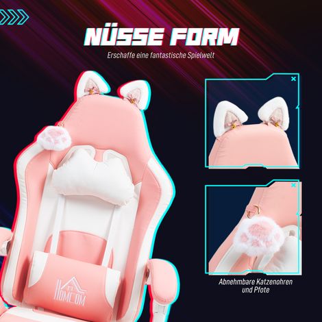 Fauteuil gaming à oreilles de chat, dossier réglable, repose-jambes rétractable, capacité 120 kg, coloris rose et blanc. (1/4)