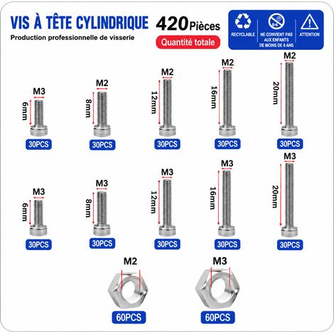 Coffret 420 pièces vis écrous entretoises M2 M3 inox 304 16,5 x 13 x 2,5 cm 290 g 20 × 10 × 3 cm 200 g – Livraison gratuite