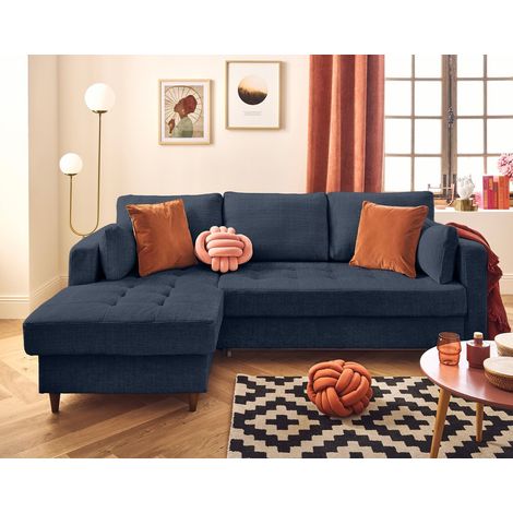 Anna - ecksofa links 4-sitzer schlaffunktion und bettkasten aus strukturiertem samt - blau (1/5)