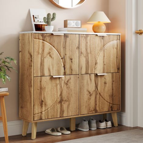 Scarpiera 4 ante ribaltabili, 105x24x95,5 cm, grande vano portaoggetti, piano effetto marmo, in MDF, naturale (1/5)