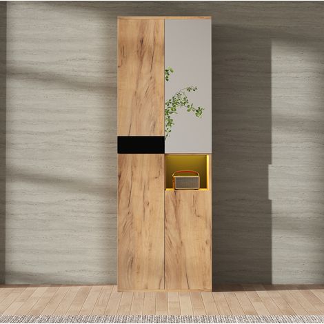 Armadio alto con specchio, 4 ante e nicchia aperta, 65 x 35 x 190 cm, nero e naturale DESVIAE (1/5)