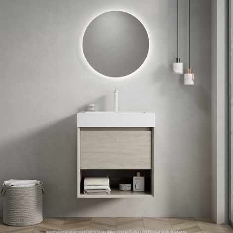 Meuble vasque mural 55 cm avec vasque rectangulaire en résine blanche, chêne clair (1/5)