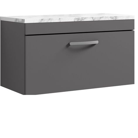 Millwich Contemporary 1 Drawer Wall Hung Vanity Unit with Laminate Carrara Marble Worktop, Gloss Grey, 800mm
