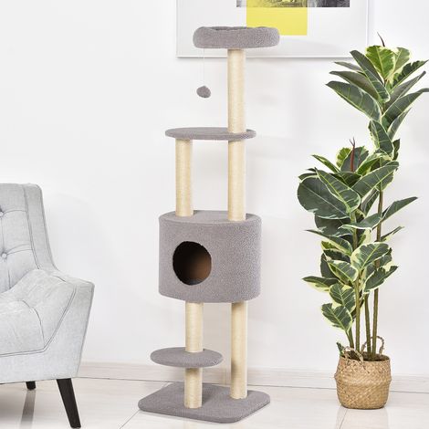 Árbol Rascador para Gatos Altura 148 cm Árbol para Gatos con Postes de Sisal Plataformas Casa y Bola Colgante Gris (1/5)