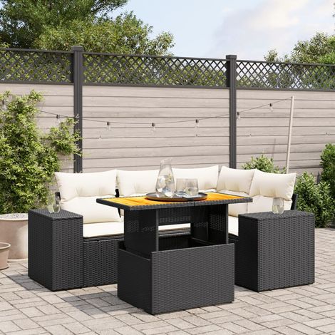 Ensemble Salon Jardin 5 Places Noir Résine Tressée avec Table Acacia et Coussins Crème - Meuble Extérieur Modulaire Design (1/3)