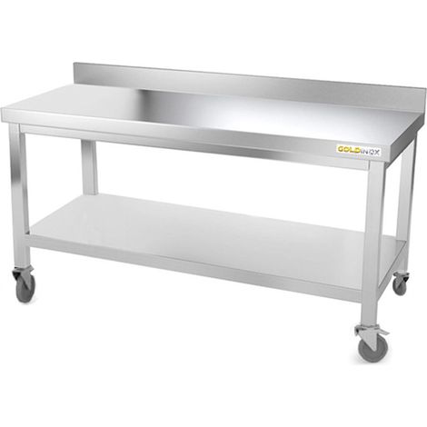 Table de travail en inox soubassement 1600 x 700 mm adossée sur roulettes PREMIUM - GOLDINOX (1/4)