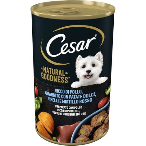 alimento umido per cani cesar "natural goodness" con pollo, patate dolci, piselli e mirtillo rosso 400 gr