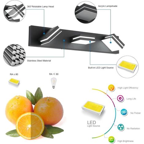 Éclairage moderne LED de salle de bain (3 lampes, 50 cm) - Lampe murale en acrylique mat noir, au-dessus du miroir, 3 couleurs de lumière (1/4)