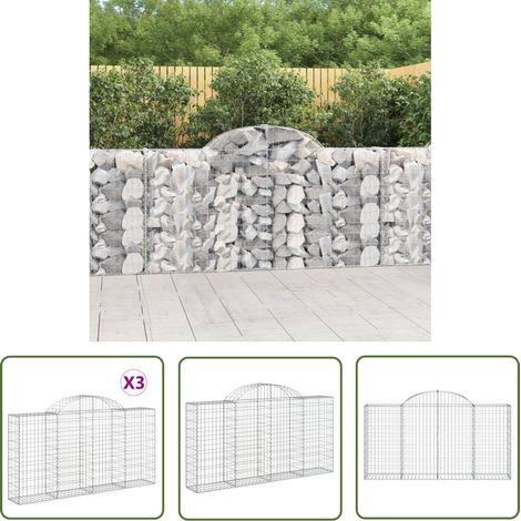 The Living Store Paniers à gabions arqués 3 pcs 200x30x100/120 cm Fer galvanisé - Panier À Gabion - Gabion - Mur De Gabion - Clôture De Jardin - Décoration Extérieure (1/5)