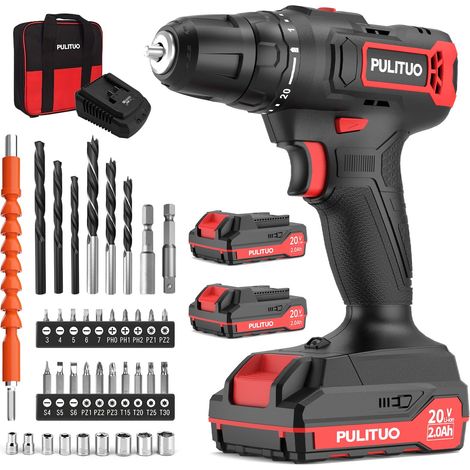 Perceuse Visseuse Sans Fil, Visseuse Devisseuse Sans Fil avec 2 Batteries de 2,0 Ah, 2 Vitesses, 21+1 Réglages de Couple, avec Set d’Accessoires de 42 Pièces, Kit de Réparation Domestique (1/5)