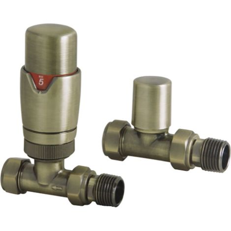 Heatwave Prime Brushed Brass Straight Thermostatic Radiator Valve Set