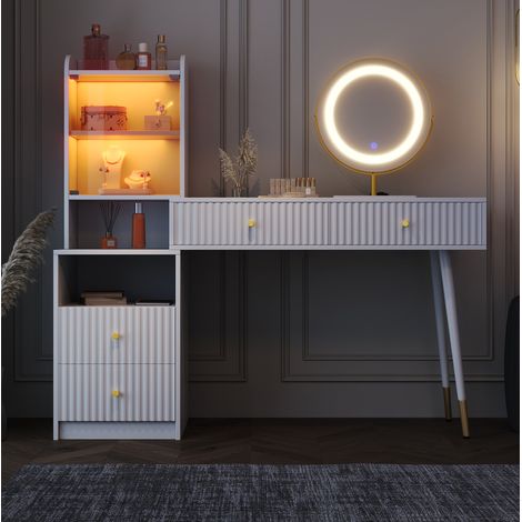 Coiffeuse 100x40x125 cm avec miroir LED 3 couleurs, 4 tiroirs, vitrine éclairée et rangement, blanc (1/5)