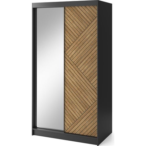 Armoire coulissante SOKAT avec miroir – Chêne caramel & noir mat 120 cm-Largeur 120 cm (1/5)