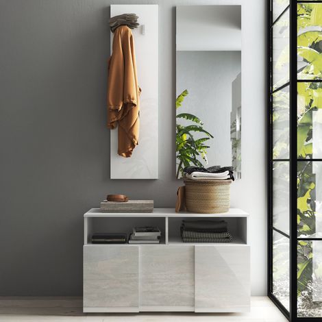 Garderobenschrank Riano, Spiegel inklusive, 4 Paar Made in Italy, 2 Regale, 91x36x165h cm Weiß Fantasie (1/4)