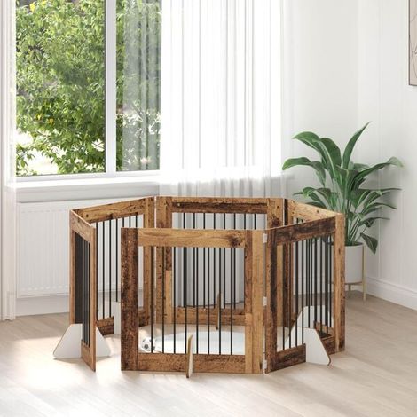 Barrière pour chien à 6 supports, bois antique, 80 x 80 cm