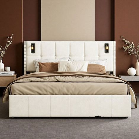 Letto Matrimoniale 140x200 - Velluto Beige Oeko-Tex - Contenitore Idraulico - 3 Porte USB - Testata Imbottita