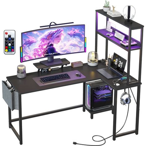 Bureau D'angle En L Prise Électrique Et Éclairage Led Plateau Bois, Cadre Métal, Rangement Intégré Noir (1/5)