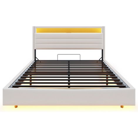 Cama tapizada 160 x 200 cm en lino beige con USB, LED y cabecero abatible (1/5)