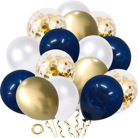 Ballons bleu royal chromés et dorés - Ballons en latex avec confettis pour décorations de fête d'anniversaire, de mariage, de remise de diplômes et d'anniversaire de mariage